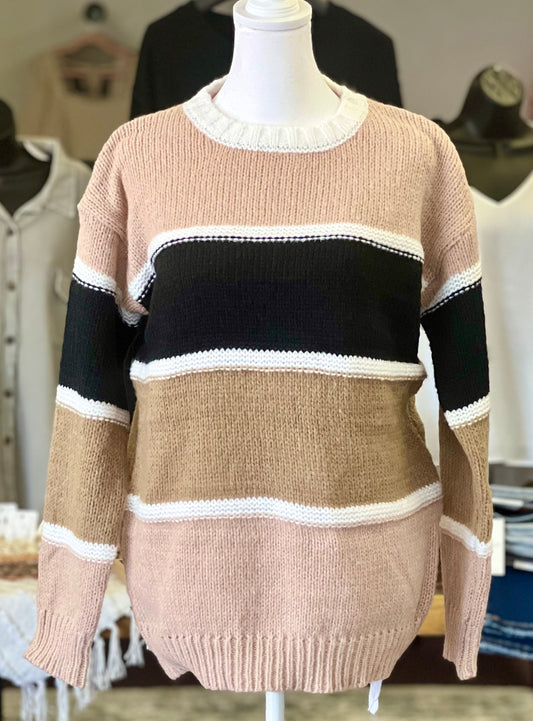 Café Noir Relaxed Knit Sweater - Effortless style and comfort in a chic black and mocha color block design. Elevate your winter wardrobe with this cozy and sophisticated knitwear.
