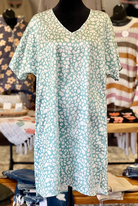 Mint Leopard Print V-Neck Tunic Dress