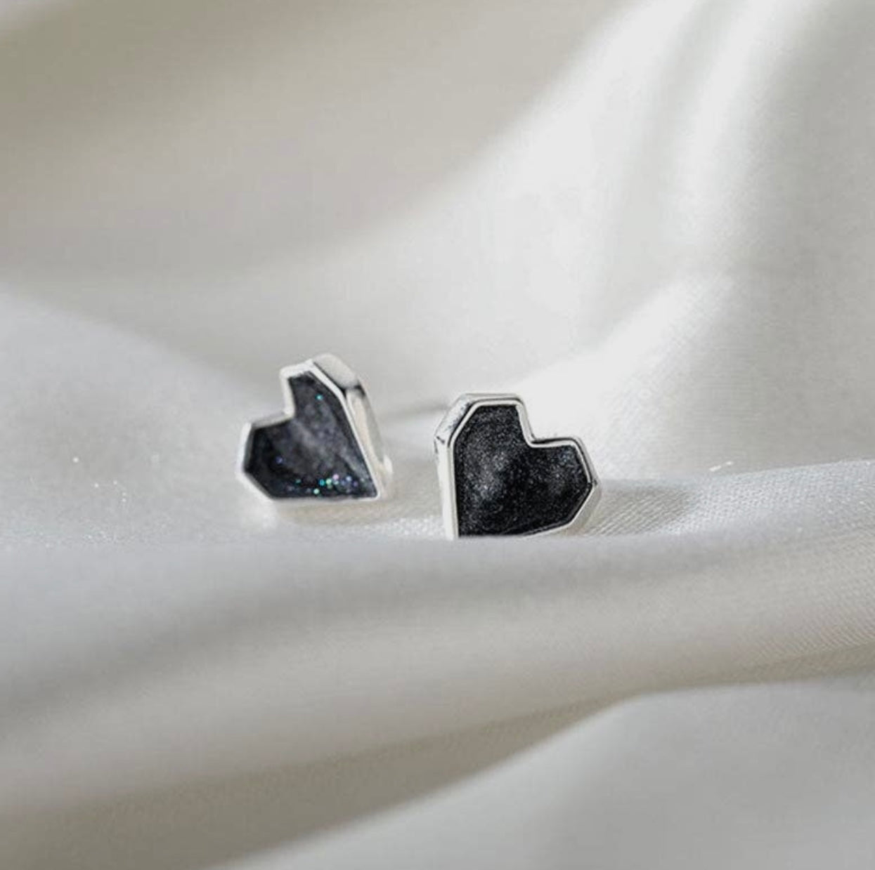 Black Enamel Heart Stud Earrings in 925 Sterling Silver