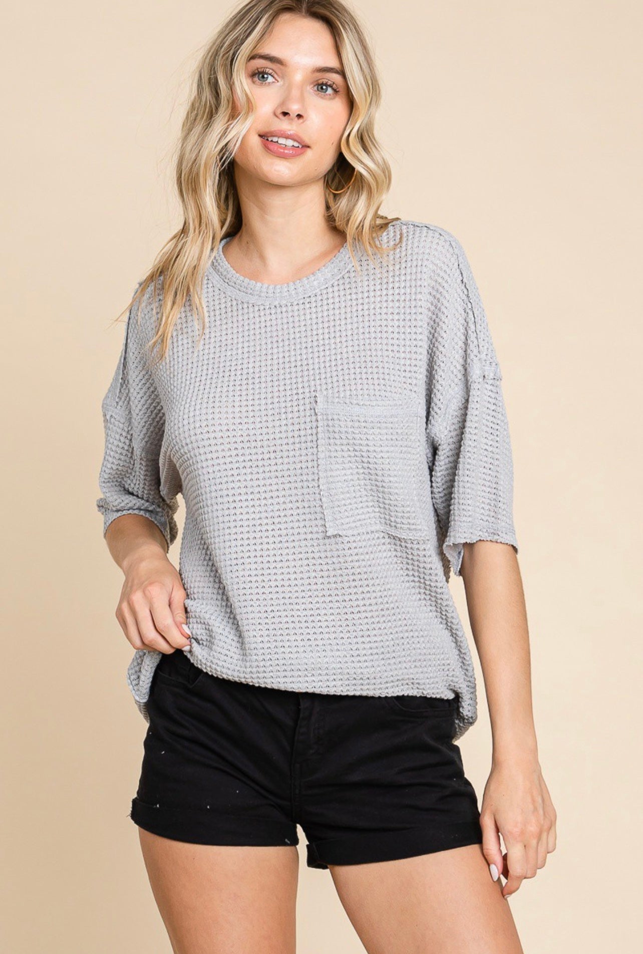 Waffle Knit Top with Pocket