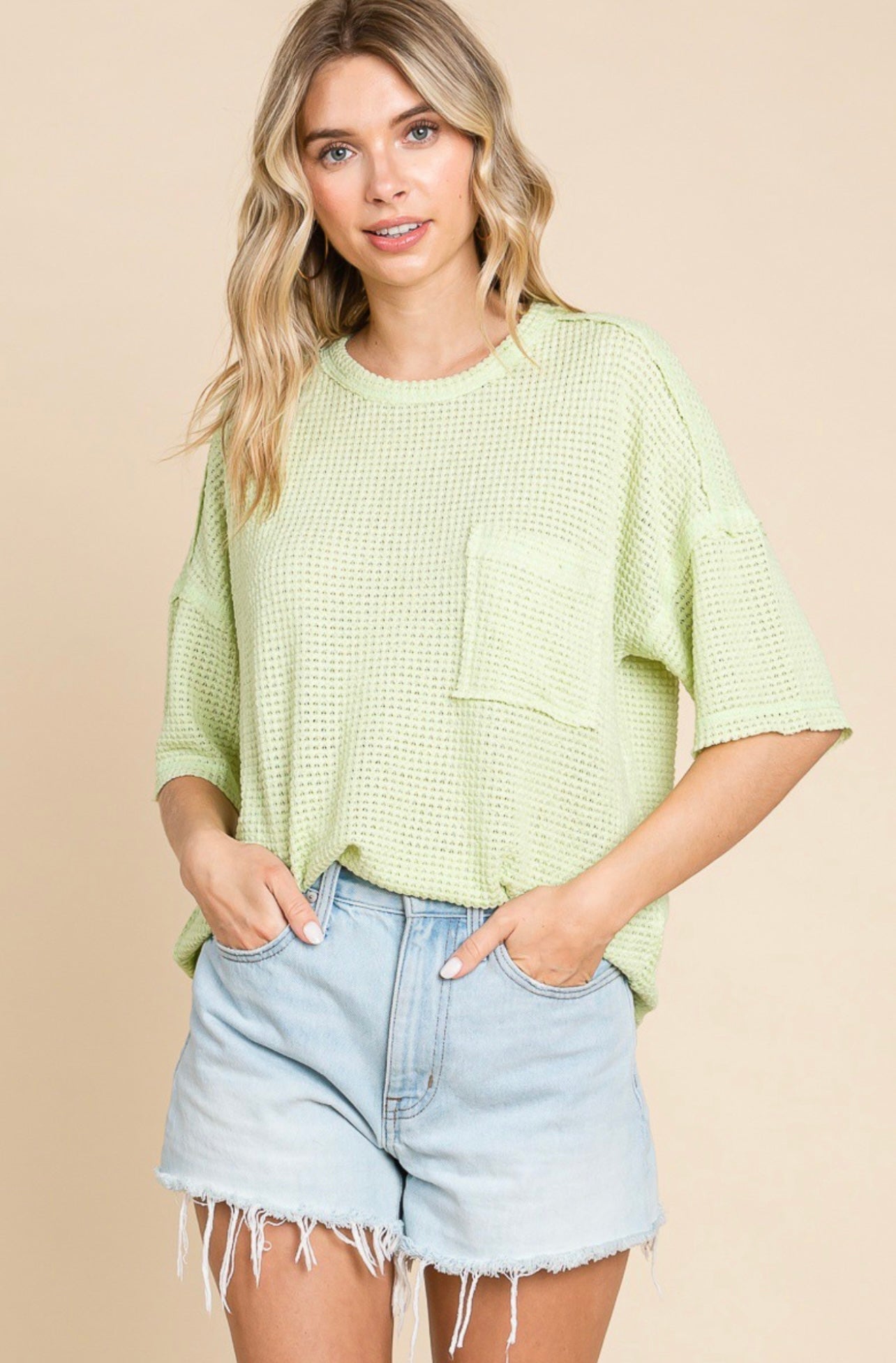 Waffle Knit Top with Pocket