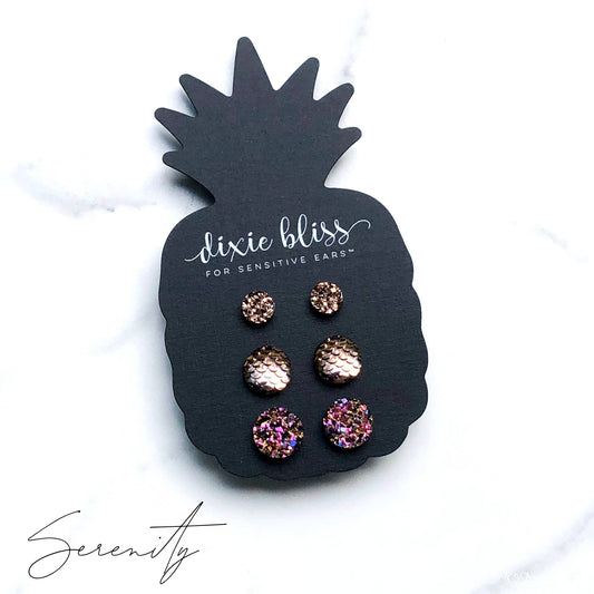 Gold Druzy and Royal Rose Mermaid Studs- Set of 3