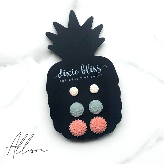 Flat Druzy and Peach Mum Studs- Set of 3