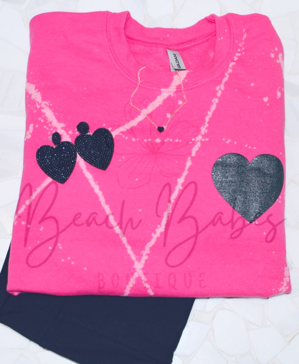 Bleach-Splattered Black Heart Hot Pink Sweatshirt