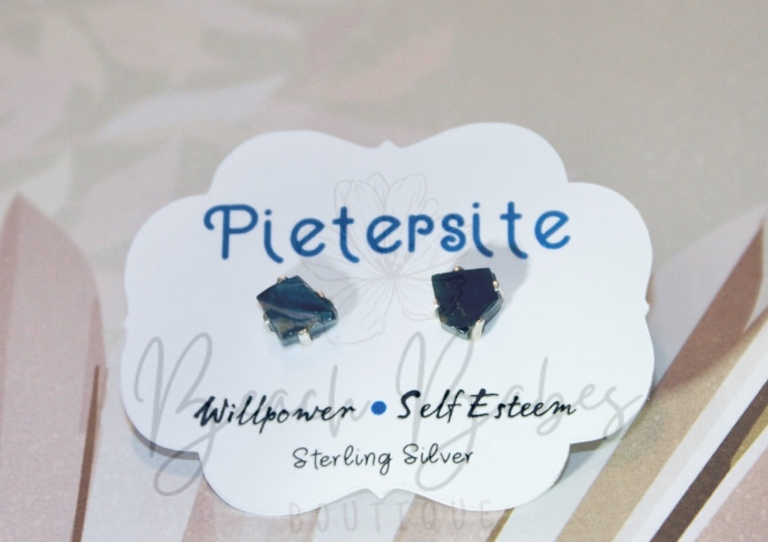 Pietersite gemstone studs, handcrafted with precision, showcasing unique natural patterns and exquisite craftsmanship.