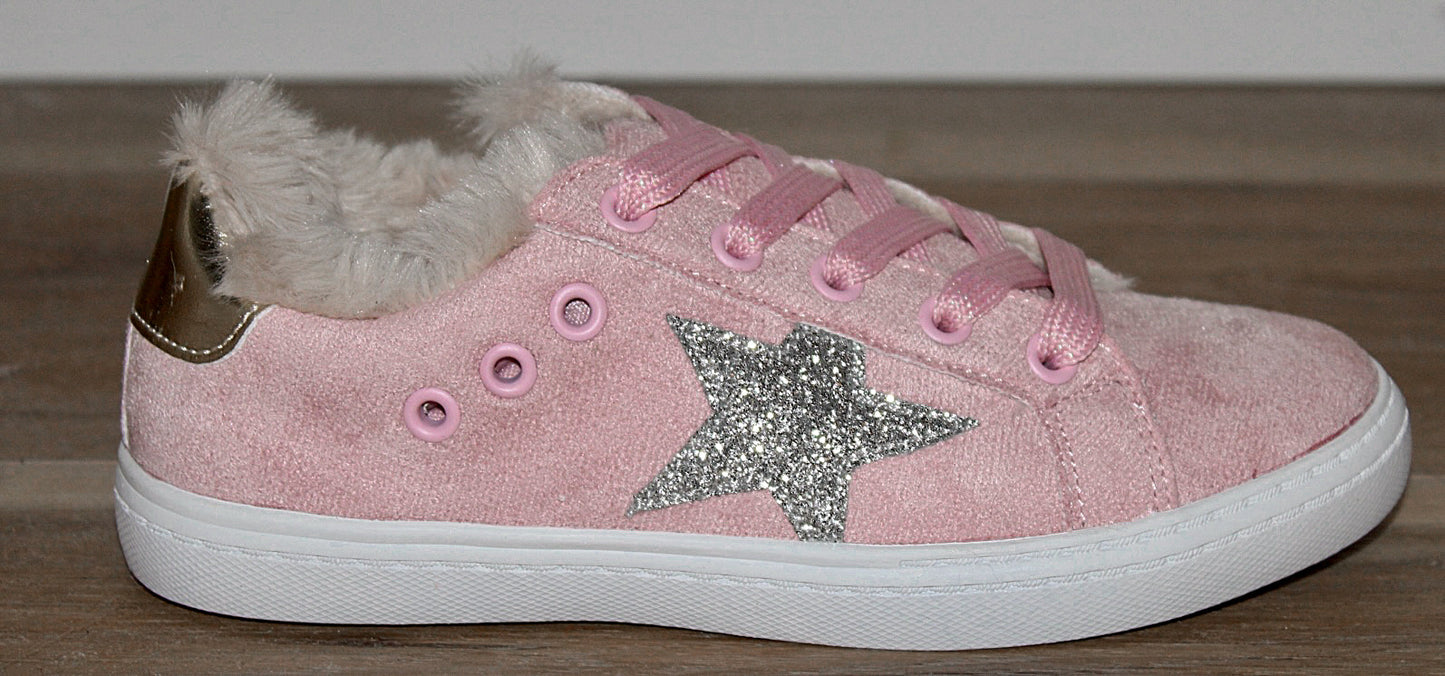 Kids Pink & Silver Fur-Lined Star Sneakers - Cozy & Stylish